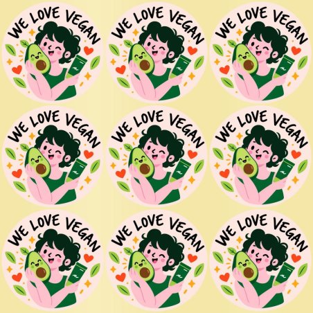 Blíster de 9 pegatinas redondas we love vegan con vinilo pelado.