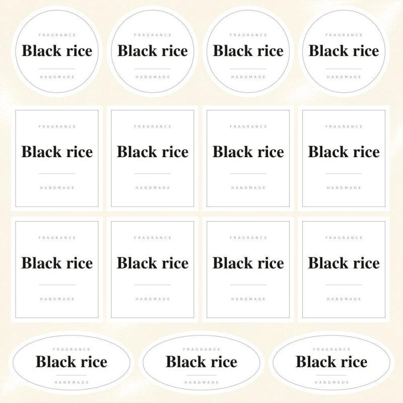 Blíster de 15 pegatinas Black rice en blanco absoluto.