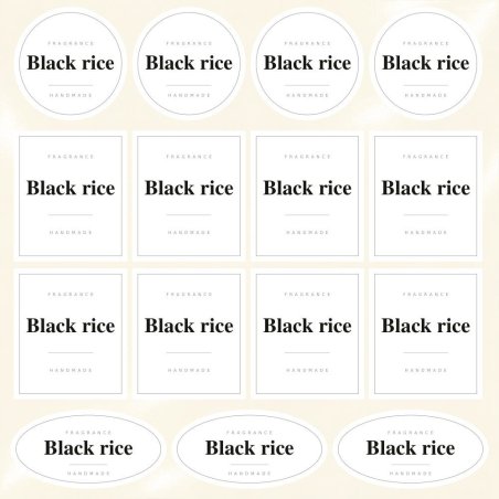 Blíster de 15 pegatinas Black rice en blanco absoluto.