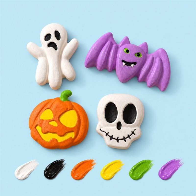 Figuras de escayola de Halloween pintadas: fantasma, murciélago, calabaza y calavera sobre fondo azul