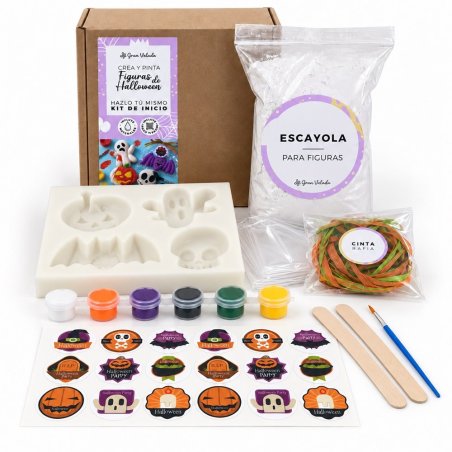 Contenido del kit de figuras de Halloween con escayola, molde, pinturas, pincel, pegatinas, rafia y bolsas de celofán