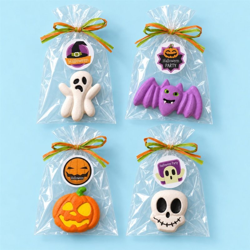 Cuatro figuras de Halloween en bolsas de celofán con pegatinas y lazos de rafia naranja y verde