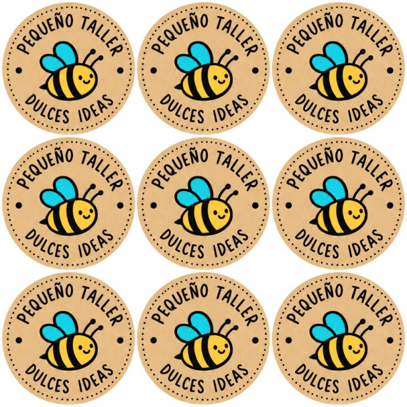 Blíster de 9 pegatinas redondas abejita Pequeño taller Dulces ideas sobre fondo kraft.