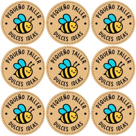 Blíster de 9 pegatinas redondas abejita Pequeño taller Dulces ideas sobre fondo kraft.