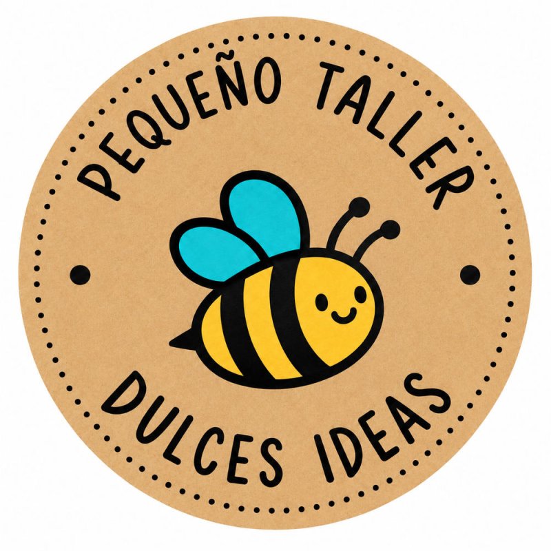 Pegatina redonda individual abejita Pequeño taller Dulces ideas sobre fondo kraft.