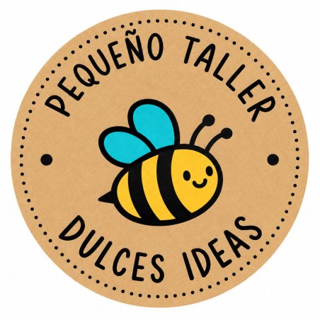 Pegatina redonda individual abejita Pequeño taller Dulces ideas sobre fondo kraft.