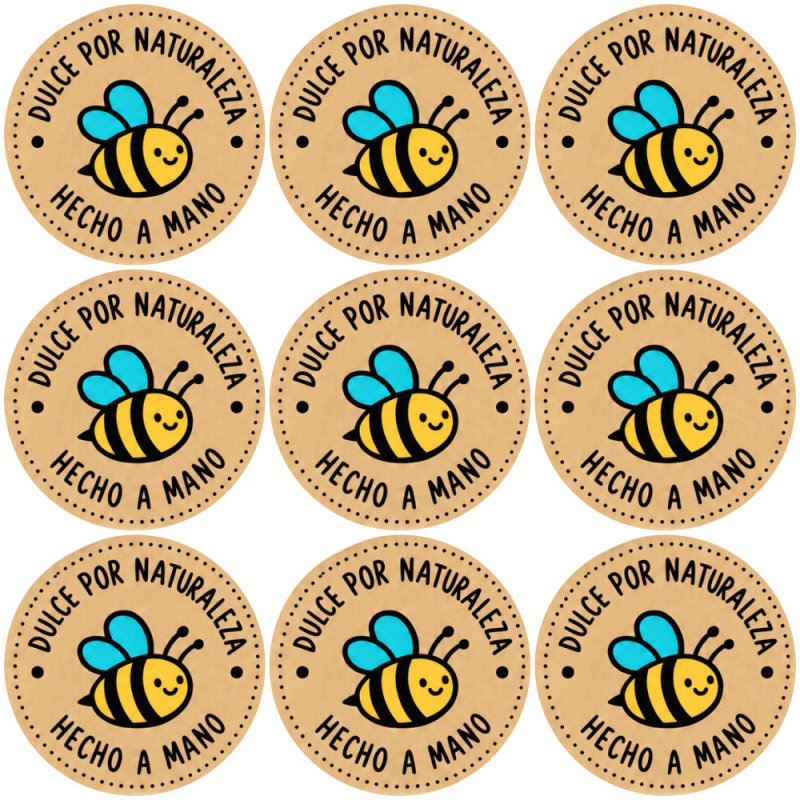 Blíster de 9 pegatinas redondas abejita Dulce por naturaleza Hecho a mano sobre fondo kraft.