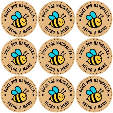 Blíster de 9 pegatinas redondas abejita Dulce por naturaleza Hecho a mano sobre fondo kraft.