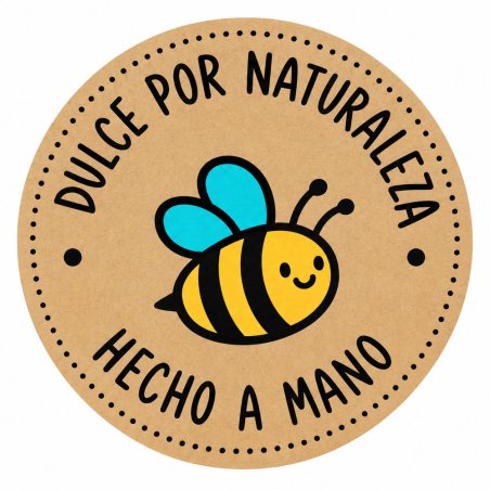 Pegatina redonda individual abejita Dulce por naturaleza Hecho a mano sobre fondo kraft.