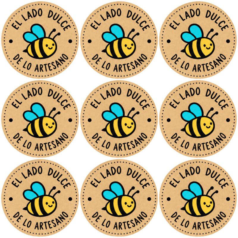 Blíster de 9 pegatinas redondas abejita El lado dulce de lo artesano sobre fondo kraft.