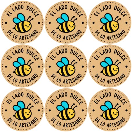 Blíster de 9 pegatinas redondas abejita El lado dulce de lo artesano sobre fondo kraft.