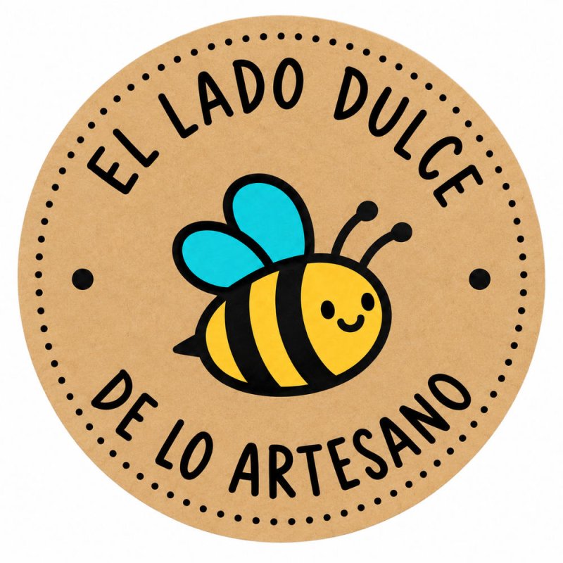 Pegatina redonda individual abejita El lado dulce de lo artesano sobre fondo kraft.