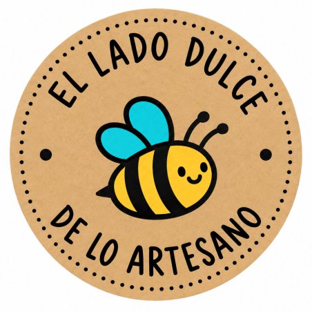 Pegatina redonda individual abejita El lado dulce de lo artesano sobre fondo kraft.