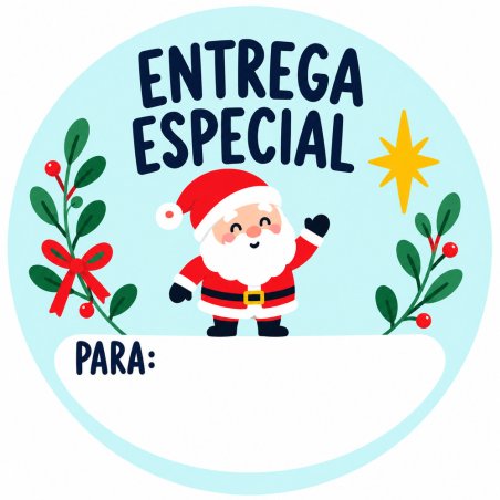 Pegatina redonda de Papá Noel con el texto Entrega especial y espacio para el nombre.