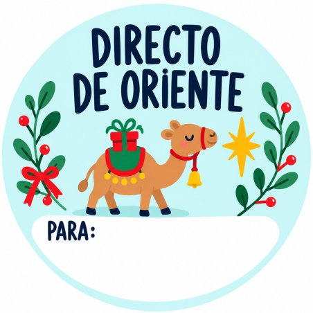 Pegatina redonda de camello con regalo y texto Directo de Oriente.