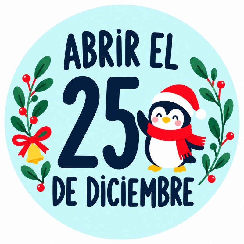 Pegatina redonda de pingüino navideño con el texto Abrir el 25 de diciembre.