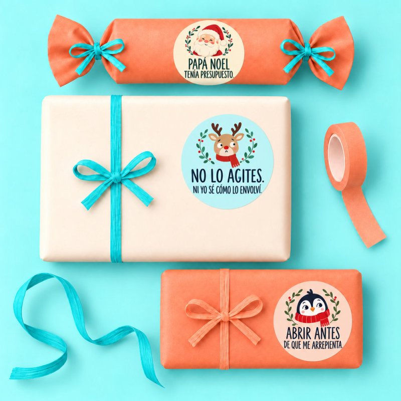 Regalos decorados con pegatinas navideñas de frases divertidas, vistos desde arriba.