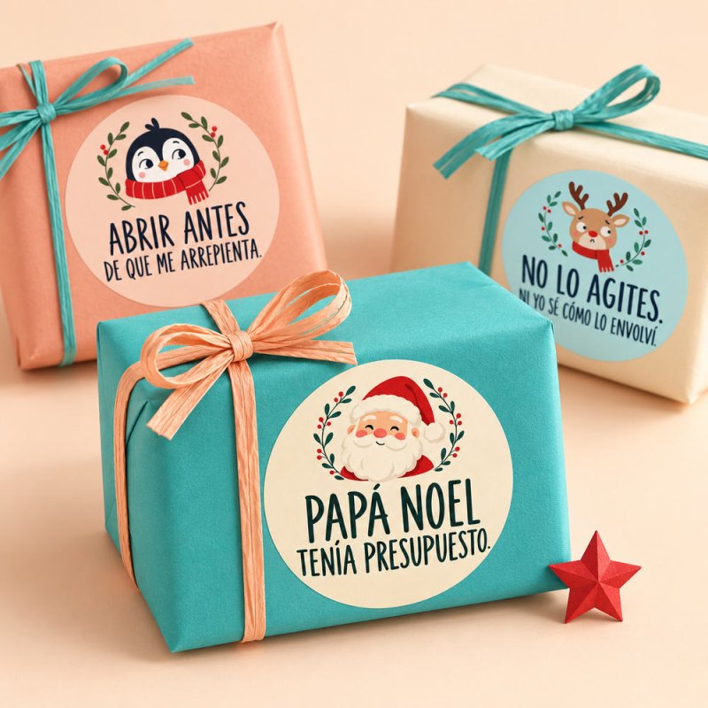 Composición de regalos con pegatinas redondas de Navidad y frases divertidas.