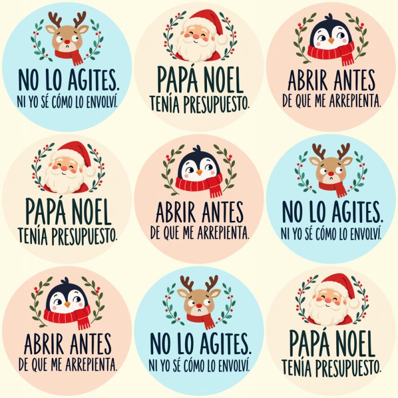 Blíster de 9 pegatinas redondas de Navidad con frases divertidas para regalos.