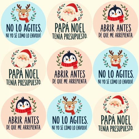 Blíster de 9 pegatinas redondas de Navidad con frases divertidas para regalos.