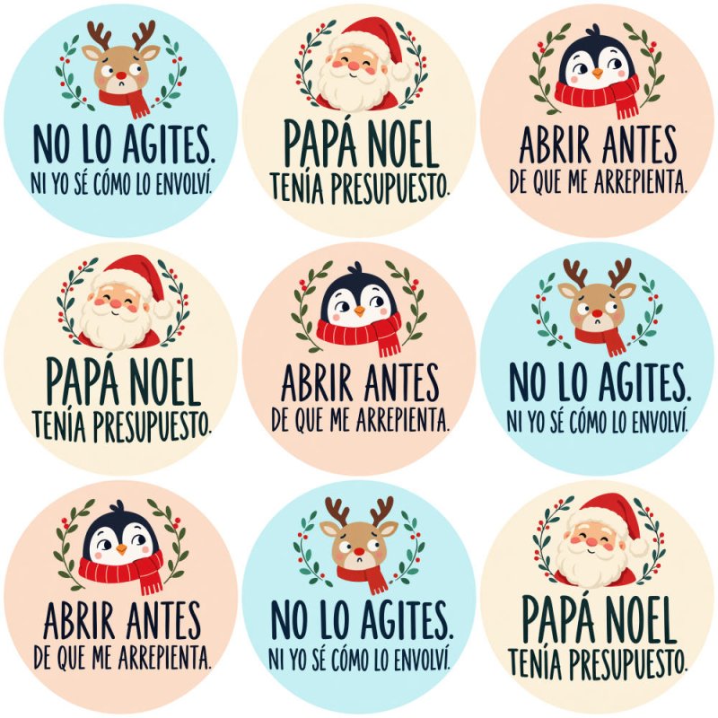 Blíster de 9 pegatinas navideñas con frases divertidas y el vinilo sobrante retirado.