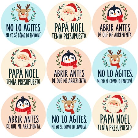 Blíster de 9 pegatinas navideñas con frases divertidas y el vinilo sobrante retirado.
