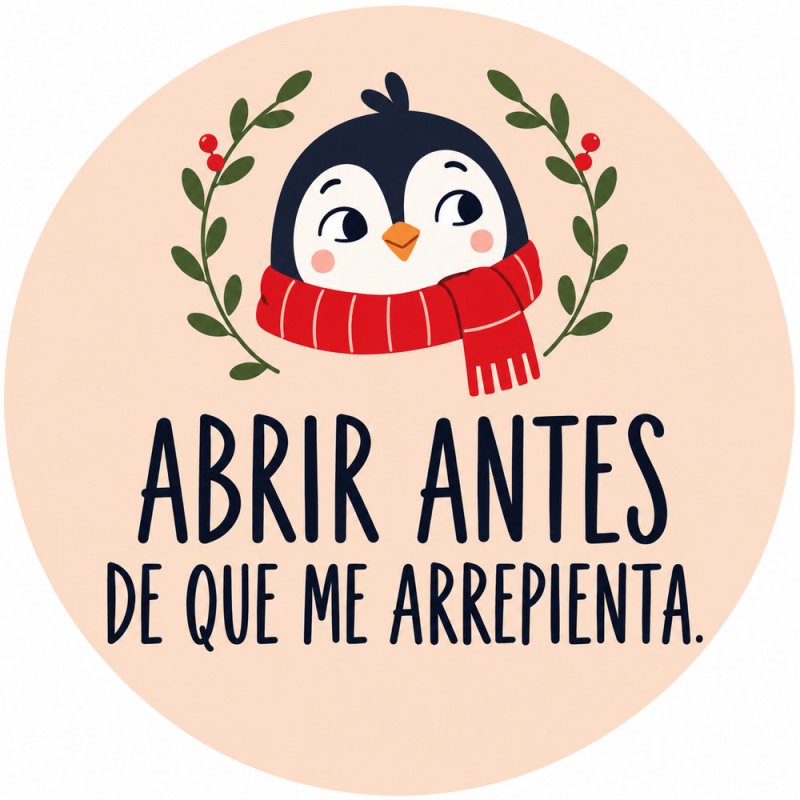 Pegatina navideña de pingüino con el texto Abrir antes de que me arrepienta.