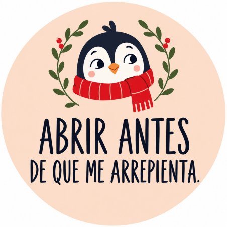 Pegatina navideña de pingüino con el texto Abrir antes de que me arrepienta.