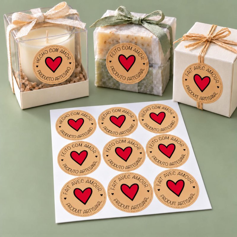 Pegatinas kraft con corazón rojo en regalos artesanos y blíster de 9 etiquetas.