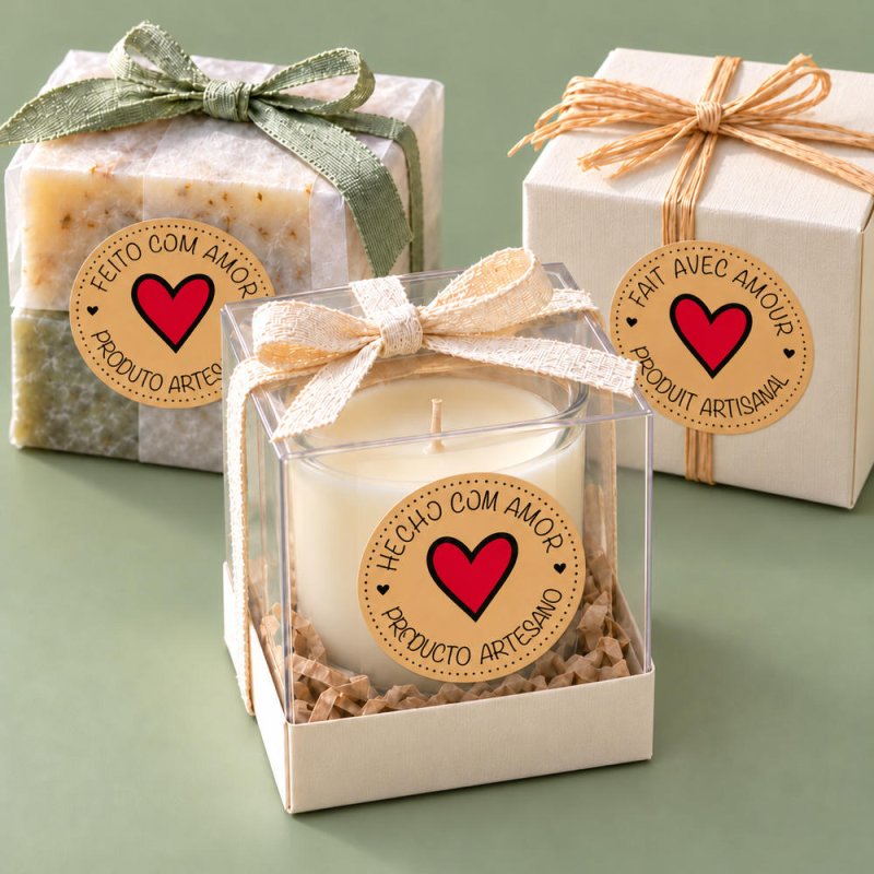 Vela, jabones y regalo artesanal con pegatinas kraft de corazón rojo.