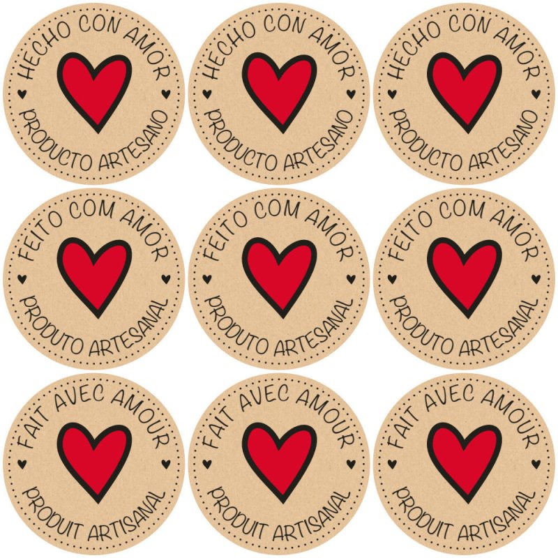 Blíster de 9 pegatinas kraft con corazón rojo y textos en español, portugués y francés.