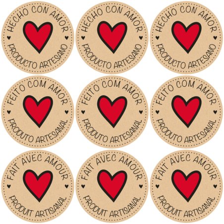 Blíster de 9 pegatinas kraft con corazón rojo y textos en español, portugués y francés.