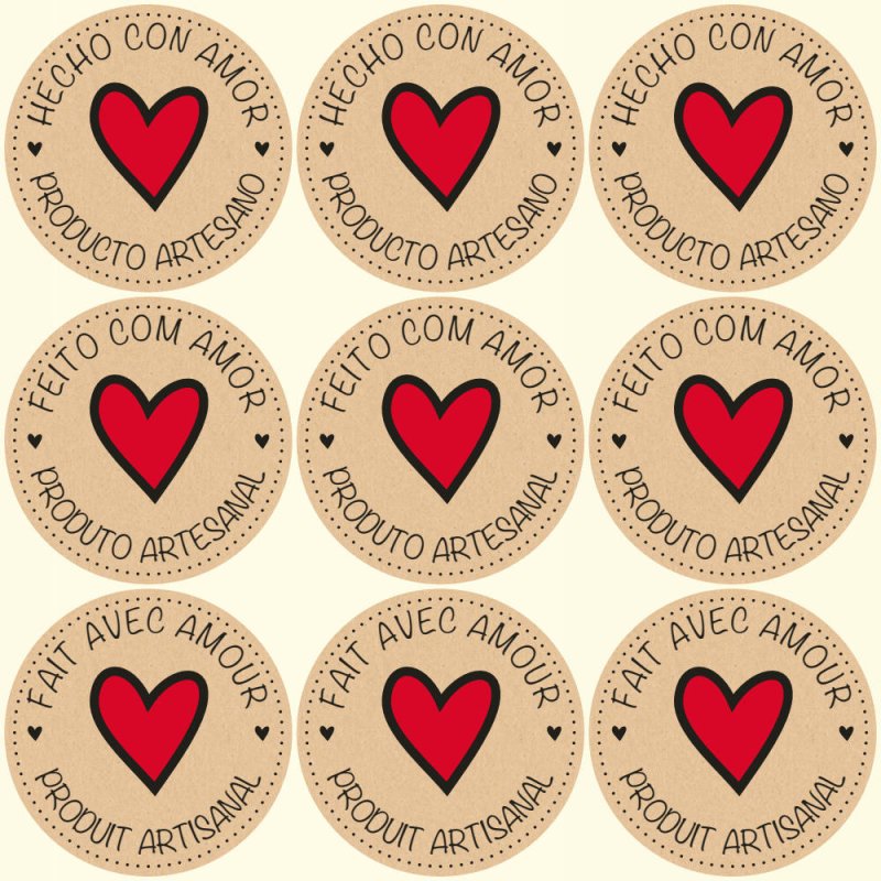 Blíster de 9 pegatinas kraft de corazón rojo con el vinilo sobrante retirado.