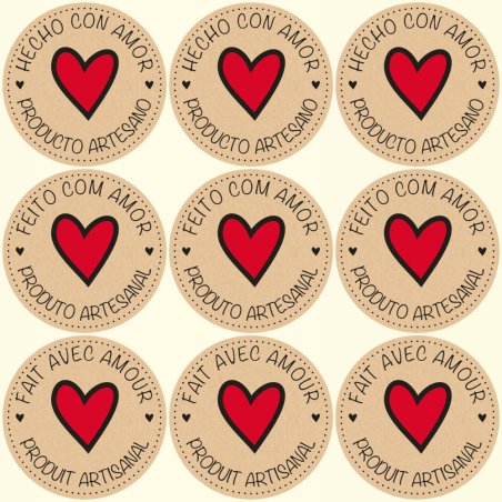 Blíster de 9 pegatinas kraft de corazón rojo con el vinilo sobrante retirado.