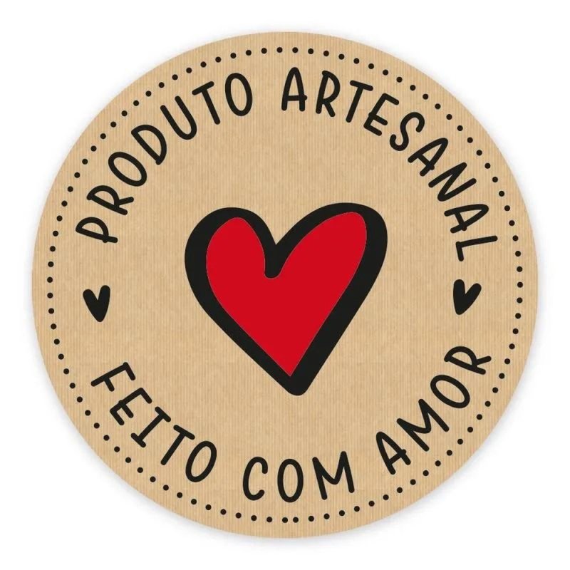 Pegatina kraft individual con corazón rojo: Feito com amor, produto artesanal.