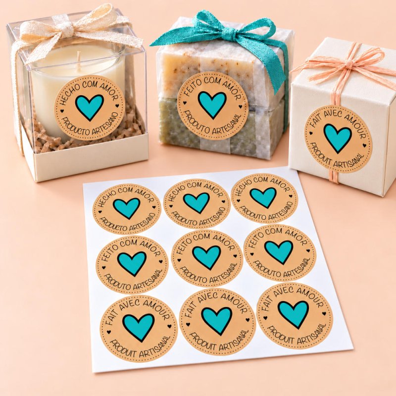 Pegatinas kraft con corazón turquesa en regalos artesanos y blíster de 9 etiquetas.