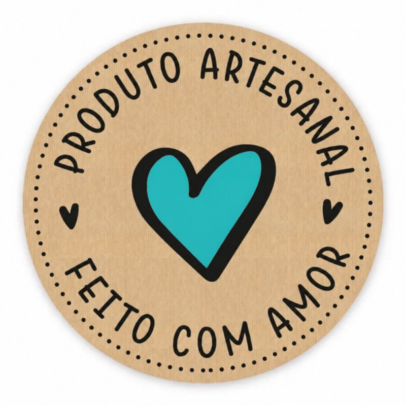 Pegatina kraft individual con corazón turquesa: Feito com amor, produto artesanal.