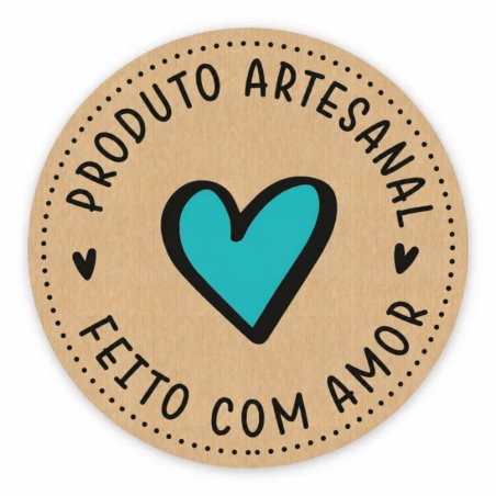 Pegatina kraft individual con corazón turquesa: Feito com amor, produto artesanal.