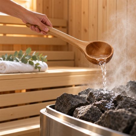 Agua vertida con un cazo de madera sobre piedras calientes en una sauna