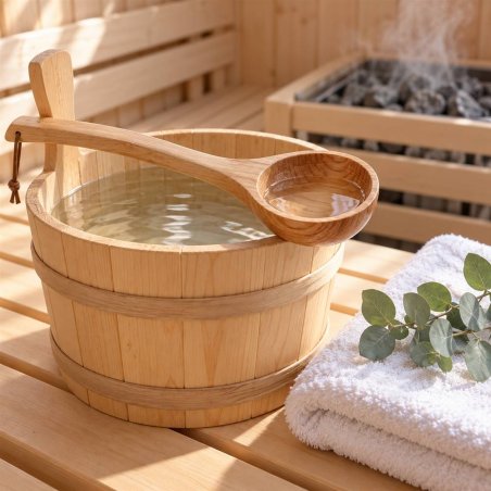 Cubo y cazo de madera junto a toallas y eucalipto en una sauna