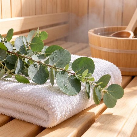 Ramas de eucalipto sobre toallas blancas en un banco de sauna