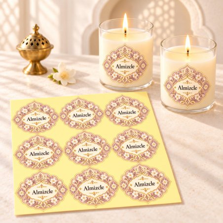Pegatinas aroma almizcle estilo árabe aplicadas a envases en una composición lifestyle.
