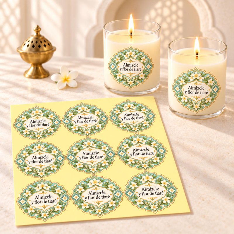 Pegatinas aroma almizcle y flor de tiaré estilo árabe aplicadas a envases en una composición lifestyle.