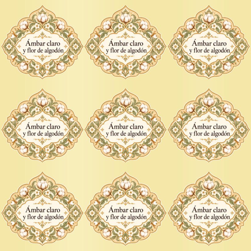 Pegatinas aroma ámbar claro y flor de algodón estilo árabe: blíster de 9 pegatinas con el vinilo sobrante retirado.