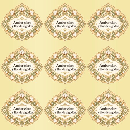 Pegatinas aroma ámbar claro y flor de algodón estilo árabe: blíster de 9 pegatinas con el vinilo sobrante retirado.