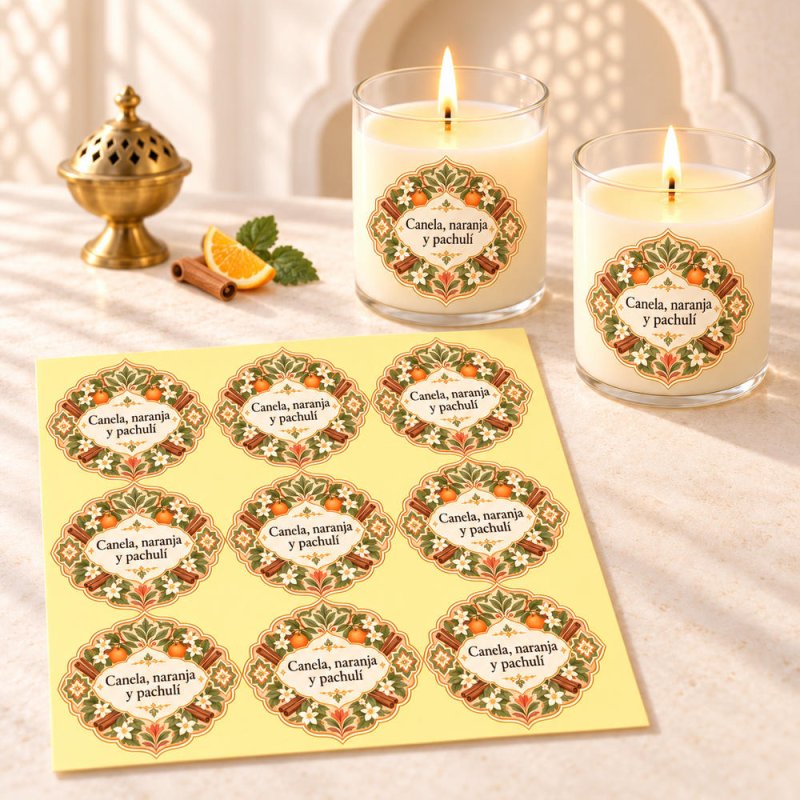Pegatinas aroma canela, naranja y pachulí estilo árabe aplicadas a envases en una composición lifestyle.
