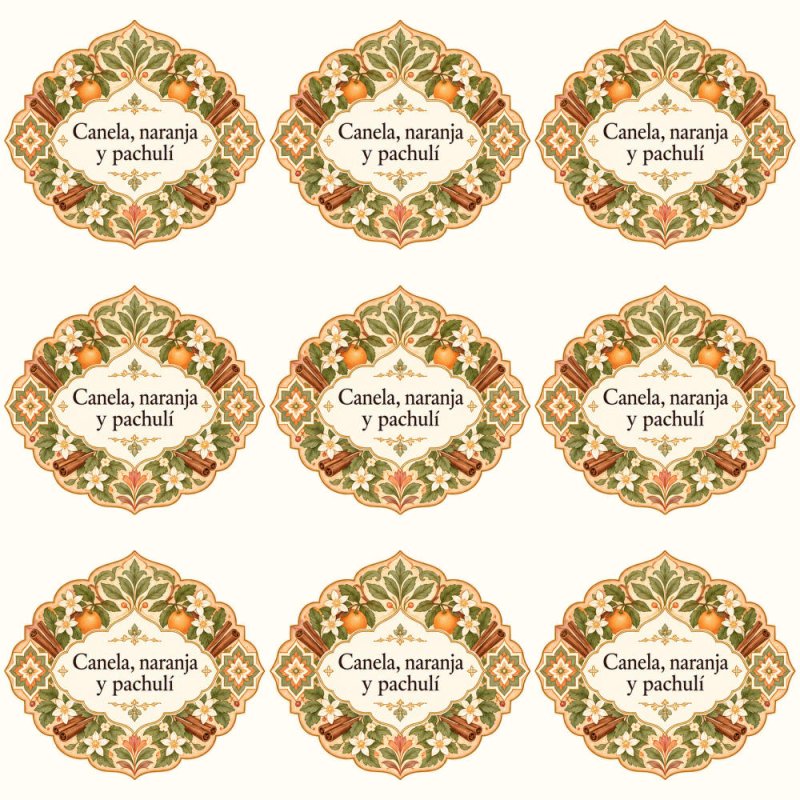 Pegatinas aroma canela, naranja y pachulí estilo árabe: blíster de 9 pegatinas.