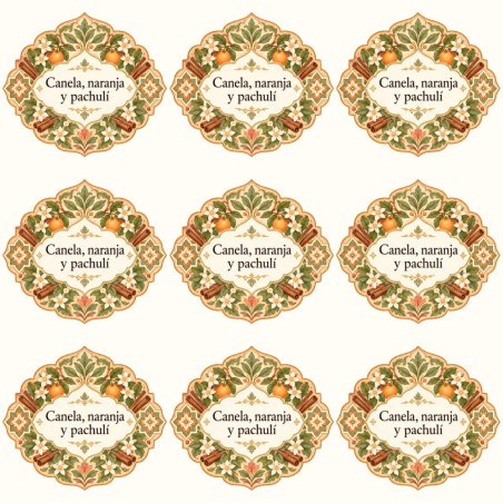 Pegatinas aroma canela, naranja y pachulí estilo árabe: blíster de 9 pegatinas.