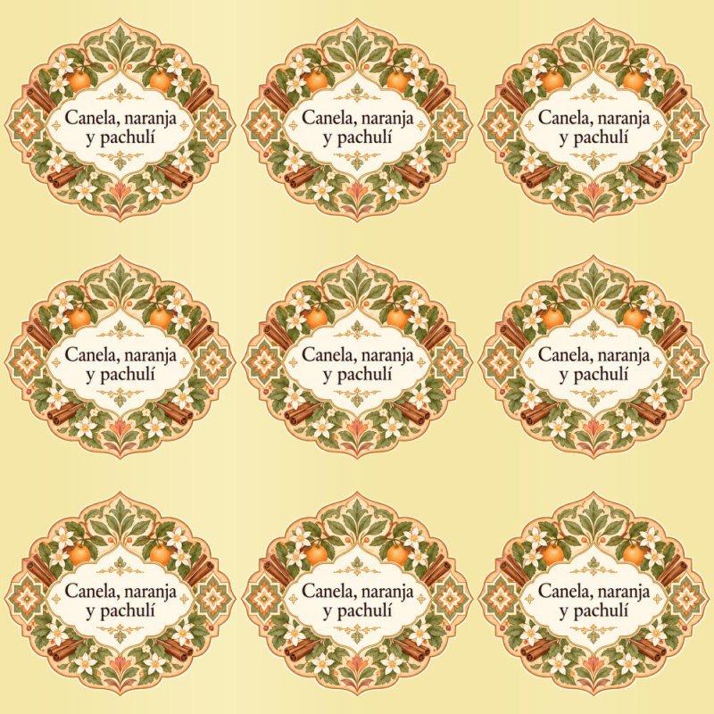 Pegatinas aroma canela, naranja y pachulí estilo árabe: blíster de 9 pegatinas con el vinilo sobrante retirado.