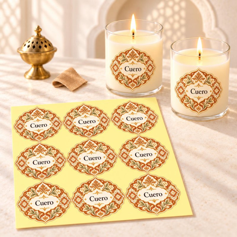 Pegatinas aroma cuero estilo árabe aplicadas a envases en una composición lifestyle.